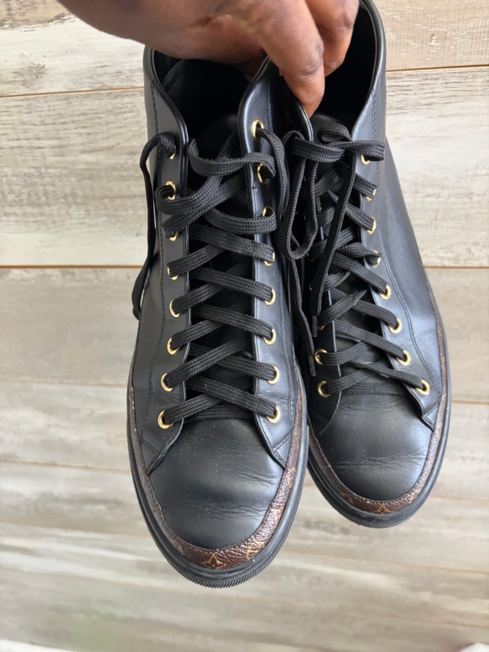 Authentic Louis Vuitton Black Leather High-Top Sneakers with Monogram Trim - Picture 11 of 14